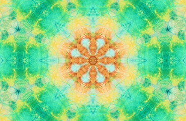 Summer background Colorful geometric kaleidoscopic texture in  yellow and turquoise colors Psychedelic tribal composition