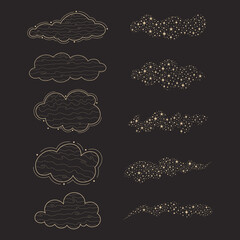 Set with clouds and star dust isolated on black background. Vintage outline clouds for your design. Magic, astrology, esoteric concept. Vector illustration for clipart, icon, tattoo, logotype.