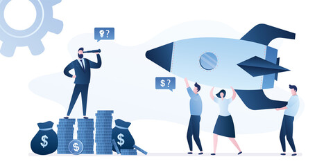 People holding rocket, crowdfunding. Businessman looking for investment ideas and startups. New idea and fundraising