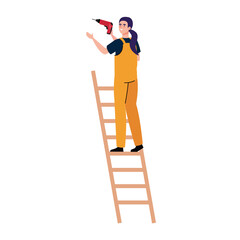 woman cartoon with construction drill on ladder design of working maintenance workshop and repairing theme Vector illustration