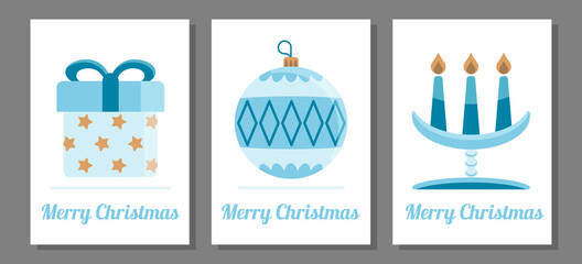Merry Christmas card set design template. New year vector icons. Blue shades winter flat style illustrations.