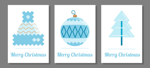 Fototapeta na wymiar Merry Christmas card set design template. New year vector icons. Blue shades winter flat style illustrations.