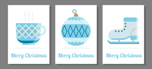 Merry Christmas card set design template. New year vector icons. Blue shades winter flat style illustrations.