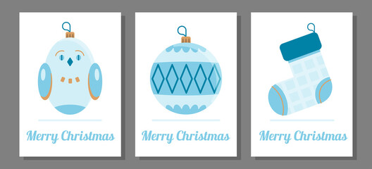 Merry Christmas card set design template. New year vector icons. Blue shades winter flat style illustrations.