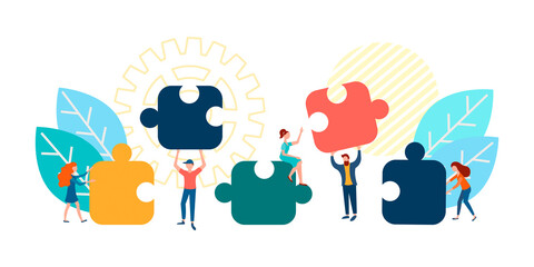 Teamwork, tiny people collect and match puzzles