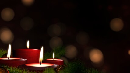 Romantic festive Christmas holiday evening. Four lit red candles on indoor Advent wreath. Romantic festive candlelight with tranquil bokeh lights and dark copy space. 3D illustration Xmas background.