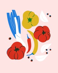 Onion, tomatoes, pepper, garlic ingredients hand drawing poster. Fresh delicious vegan, vegetarian diet products. Healthy food, cooking ingredients illustration.