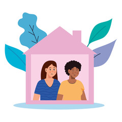 women cartoons stay at home with leaves design of medical care and covid 19 virus theme Vector illustration