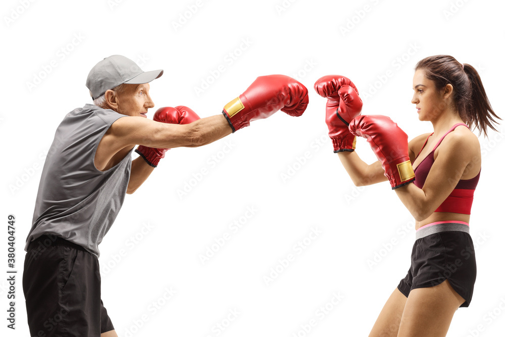 Wall mural Woman training box with an elderly man