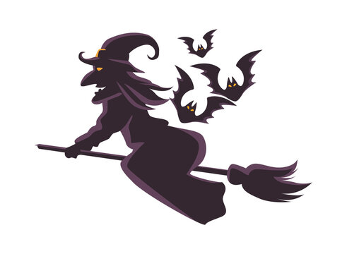 witch flying in broom and bats flying silhouette icon