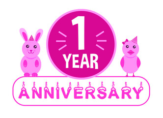 1st birthday. One year anniversary celebration banner with pink animals theme for kids.