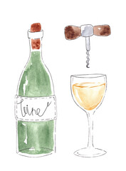 Watercolor wine bottle, corkscrew and glass isolated on white background for postcard, logo,  invitations, greeting cards, business card and bar menu