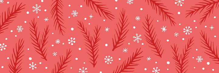 Fototapeta na wymiar Vector Christmas background with hand drawn spruce branches and snowflakes. Long horizontal banner