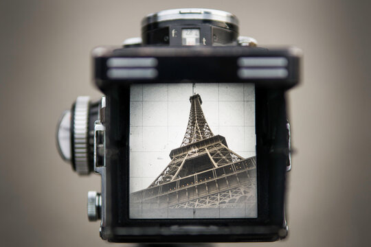 Vintage Film Medium Format Camera Photographing Eiffel Tower Paris