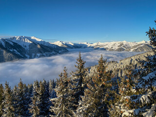 Scenic view of ski region Saalbach Hinterglemm in the Austria alps in the morning.