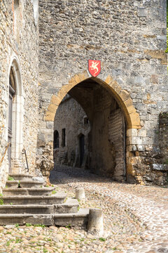 Perouges, France - 6/8/2015: The arched entrance to the  historic walled city of Perouges