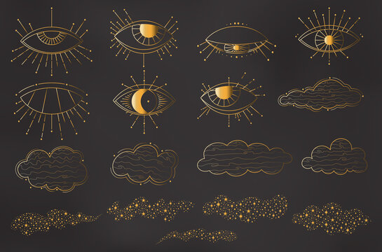 Magic eyes, clouds and star dust outline vector set. Collection of magical elements for icons, logotypes, clothes prints. Isolated illustration with golden gradient. Esoteric symbols or signs concept