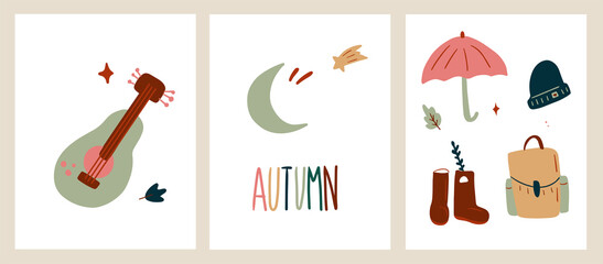 Kawaii autumn cartoon things. Hand drawn style