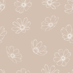 Floral seamless pattern with white outline of flowers on light brown background. Print with cosmos flowers for fabric, wrapping paper, textile, wallpapers. Vector.