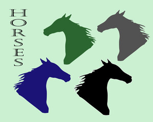 set of isolated horse heads, portrait, sketch, vector graphics monochrome drawing with a thin pen on a colored background