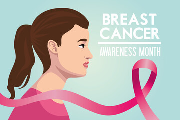 breast cancer awareness month campaign poster with woman and ribbon