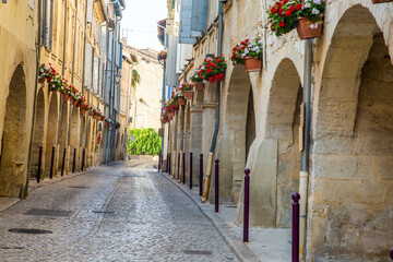 Stone buildings decorated with flower pots line the cobblestone steets in the village of Tarascon, France.