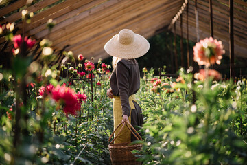 Very nice young woman in a brown dress with a yellow apron and a hat, standing among the Dahlia...