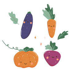 Kawaii autumn veg with face and smile cartoon style