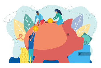 Diverse young people putting gold coins in a giant piggy Bank. Saving concept. Flat colored vector illustration