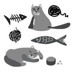 Isolated black and white vector illustration set cartoon cat silhouette and fish