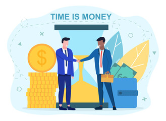 Time is money concept with two multiracial businessmen shanikg hands. Flat vector illustration
