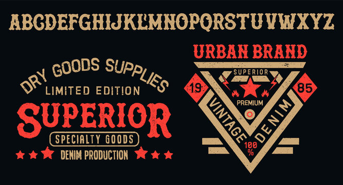 Vector illustration on a theme of American jeans, denim and raw. Handmade Vintage Font.