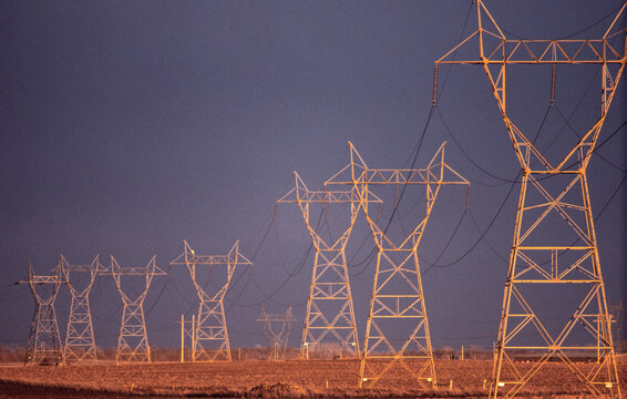 power lines powelines at sunset late afternoon on prairies of North Dakota