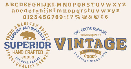 Vector illustration on a theme of American jeans, denim and raw. Handmade Vintage Font.