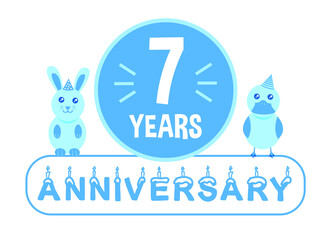 7th birthday. Seven years anniversary celebration banner with blue animals theme for kids.