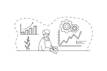 Work at home concept design. Freelance male working at the house, at the office. Online study, education. Sitting at the table in the workplace. Outline, line, doodle style.