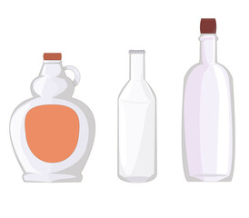 set of three different bottles: for syrups and butter, for beer, milk and soda, and for wine or spirits. home stuff. glass production. containers for liquid. dishes of different shapes. transparent