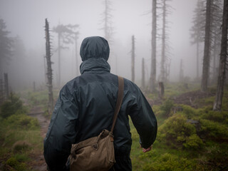 Man in jacket walking through foggy forest