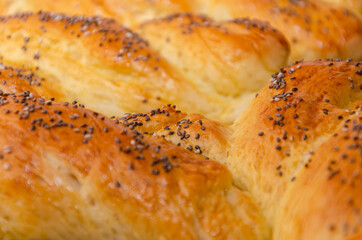 Baked bread rolls with chia seeds as a background