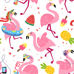 Seamless pattern with cartoon flamingos. Summer tropical vector texture on a white background. Background for a children's book, print, poster, stickers, fabric, wrapping paper.