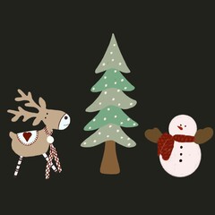 new year and christmas, deer, snowman and tree