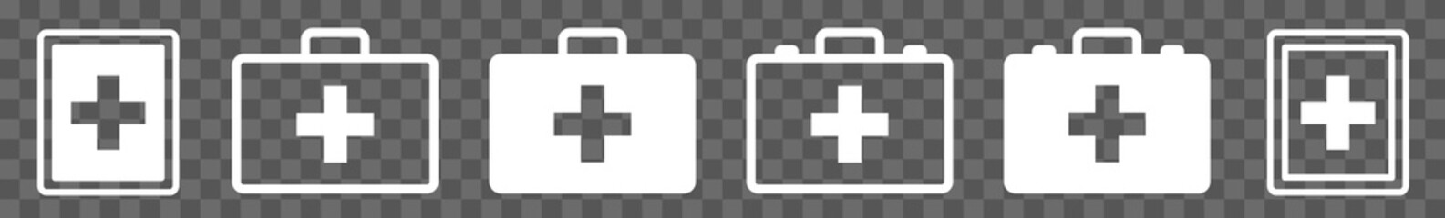 Fototapeta premium First Aid Kit Icon White | Emergency Box Illustration | Medical Help Symbol | Paramedic Bag Logo | Cross Sign | Isolated Transparent | Variations