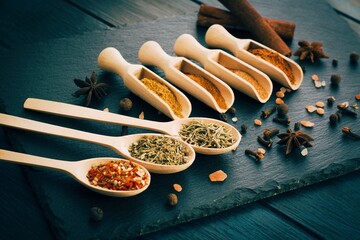 sausages and spices on a wooden board. Wooden background with spices. - 380414785