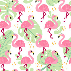 Seamless pattern with cartoon flamingos. Summer tropical vector texture on a white background. Background for a children's book, print, poster, stickers, fabric, wrapping paper.