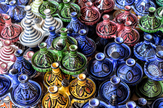 Multicolor ceramic tajines in the souks of Marrakech