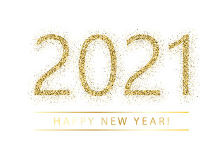 Confetti particles font calligraphy. Happy New Year wishes, 2021 of confetti scatter.