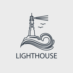 abstract lighthouse line icon with ocean waves and seagulls isolated on white background