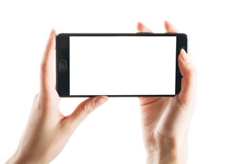 hand holds smartphone isolated on white