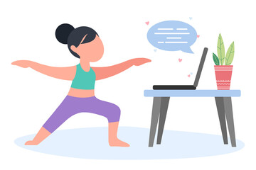 Girl or woman doing yoga at home online. Health exercises, posture, relaxation, meditation, concentration on a laptop. Morning routine workout with internet, vector illustration.