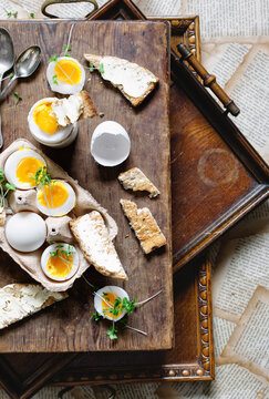 Boiled duck eggs with toast and salad cress.
